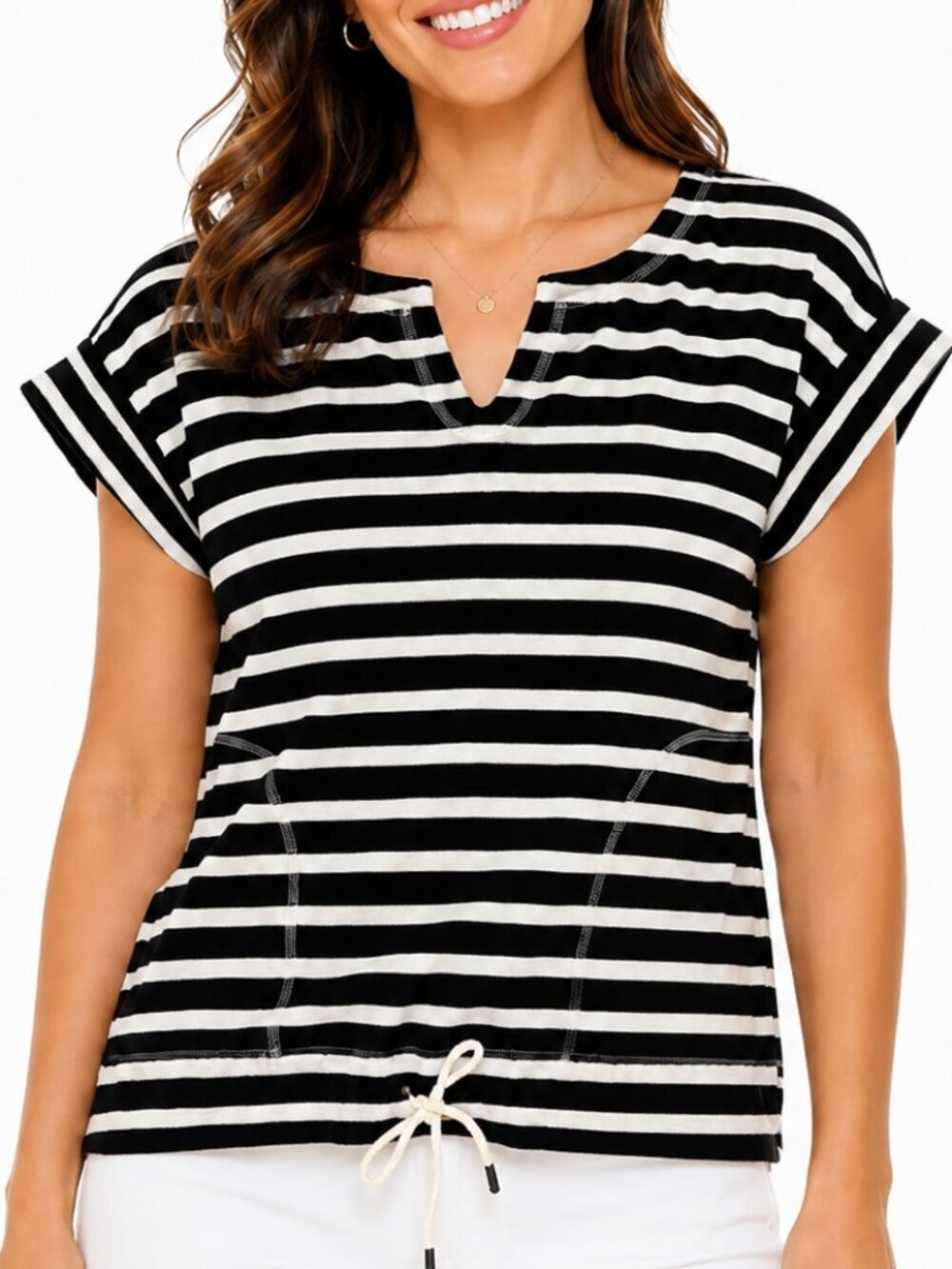 T by Talbots Black White Striped V-Notch Short Sleeve Tie Waist Terrycloth Top